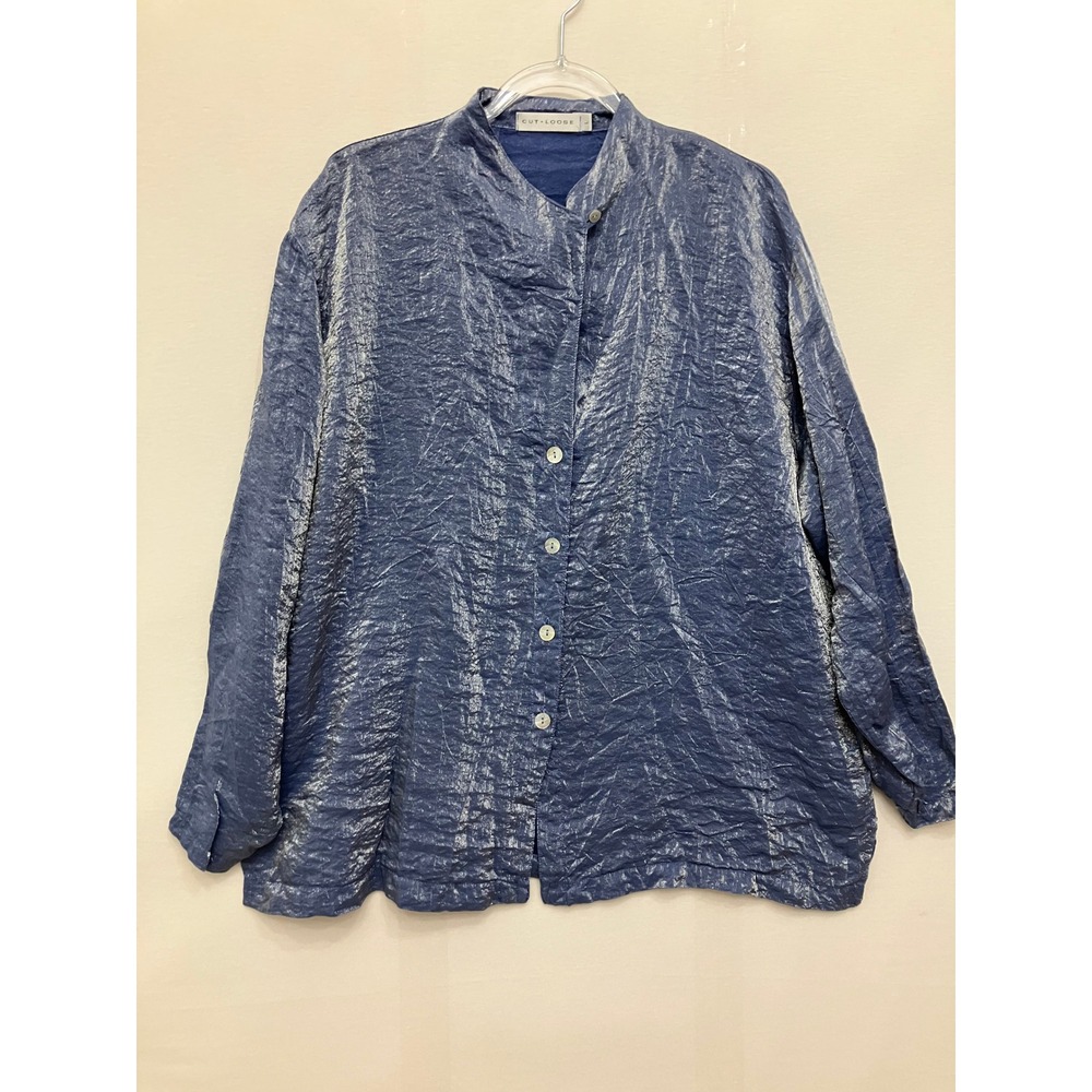 Cut Loose Button Front Shirt Large Blue Crinkle Textured Relaxed Made in USA